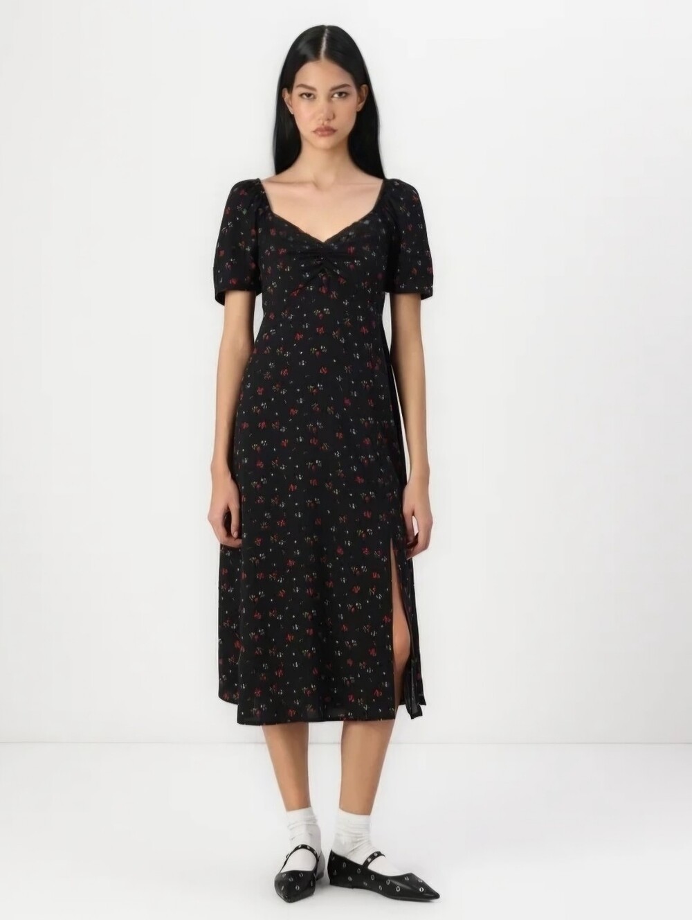 black Floral nap dress short Sleeves Sweetheart Midi summer dress Smocked Back M